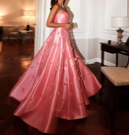 Gorgeous Pink Sweetheart Neck Satin Sequin Appliques Long Prom Dress Birthday Party Dress D1212