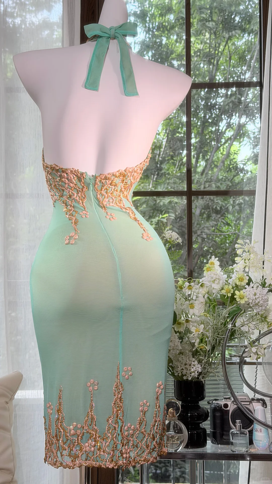 Classy Mint Green Chiffon Lace Sheath Short 16th Birthday Outfits ,Halter Short Homecoming Dress D3354