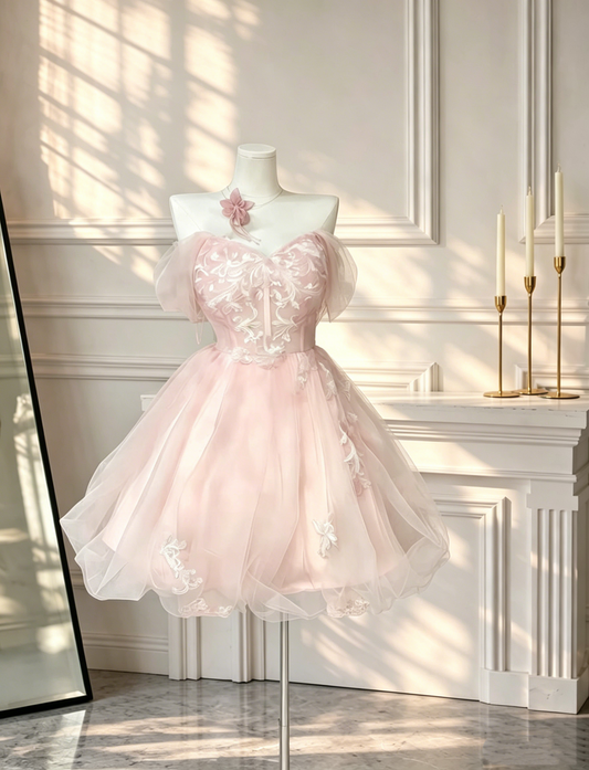 Sweet Pink Off The Shoulder Tulle Appliques A Line Short Graduation Homecoming Dress D2646