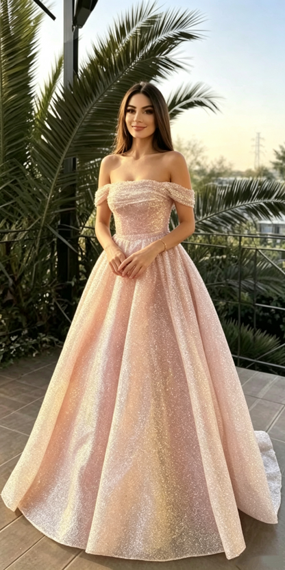 Elegant Pink Off The Shoulder Sequin Long Party Dress Prom Gown D1320