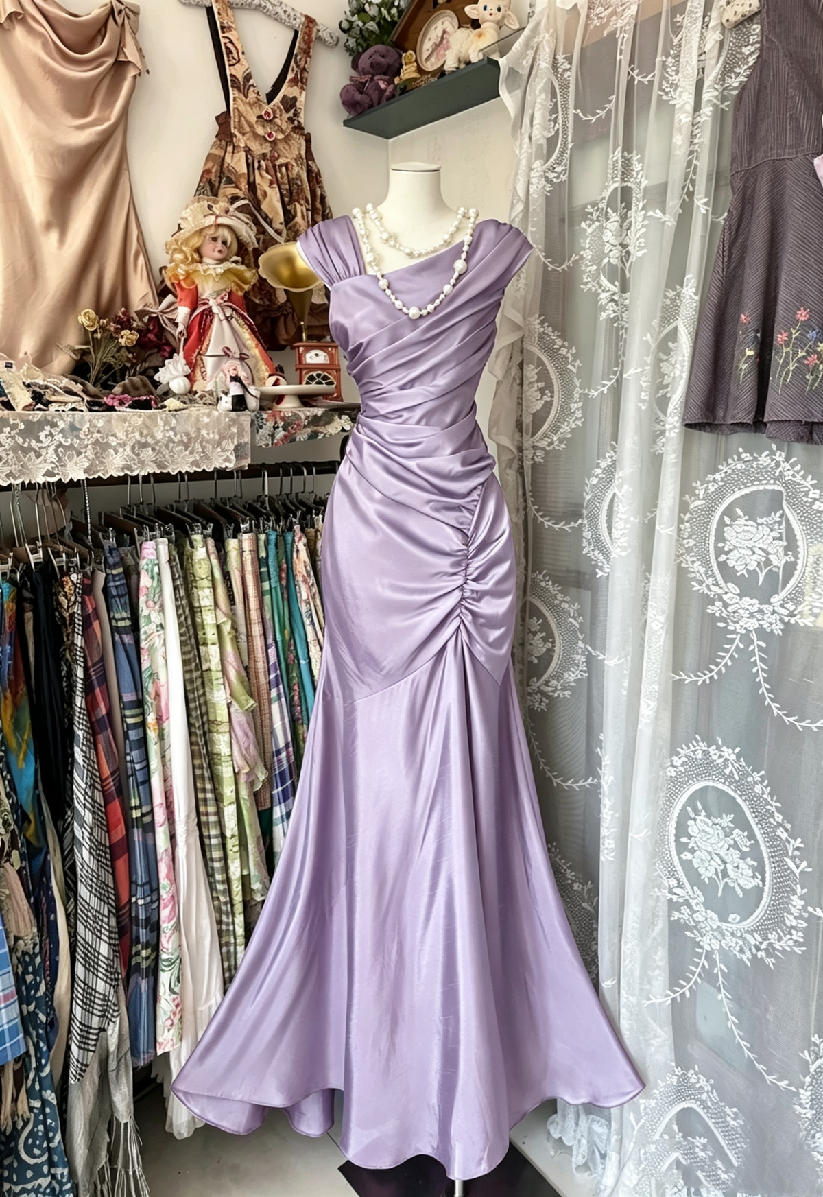 Vintage Fashion Mermaid Floor Length Hot Pink Satin Evening Dress Prom Dresses SD1879