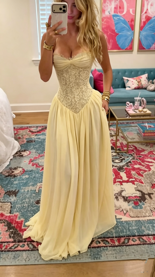 Cute Sweetheart Neck Lace Chiffon A Long Wedding Guest Dress,Yellow Party Dress D3473