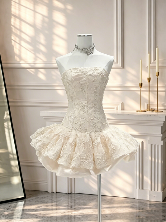 Classy Strapless Beige Lace Floral 6th Grade Homecoming Dress Short Birthday Outfits D2547