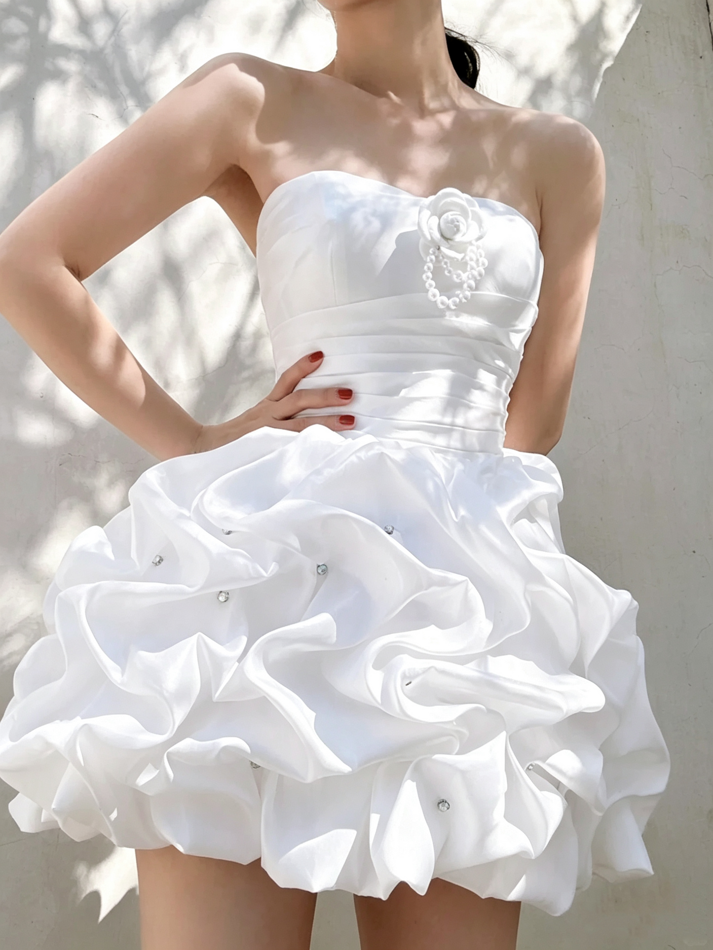Pretty White Satin Pleated A Line Short Homecoming Dress,Strapless Short Party Gown D3366