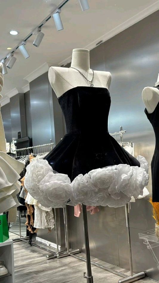 Beautiful Strapless Black Velvet White Flowers A Line Short Birthday Outfits Formal 8th Grade Homecoming Dress D302