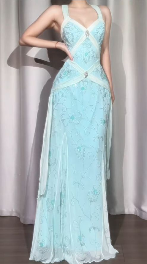 Classy Light Blue V Neck Chiffon Beaded Mermaid Long Party Dress Backless Evening Gown D1910