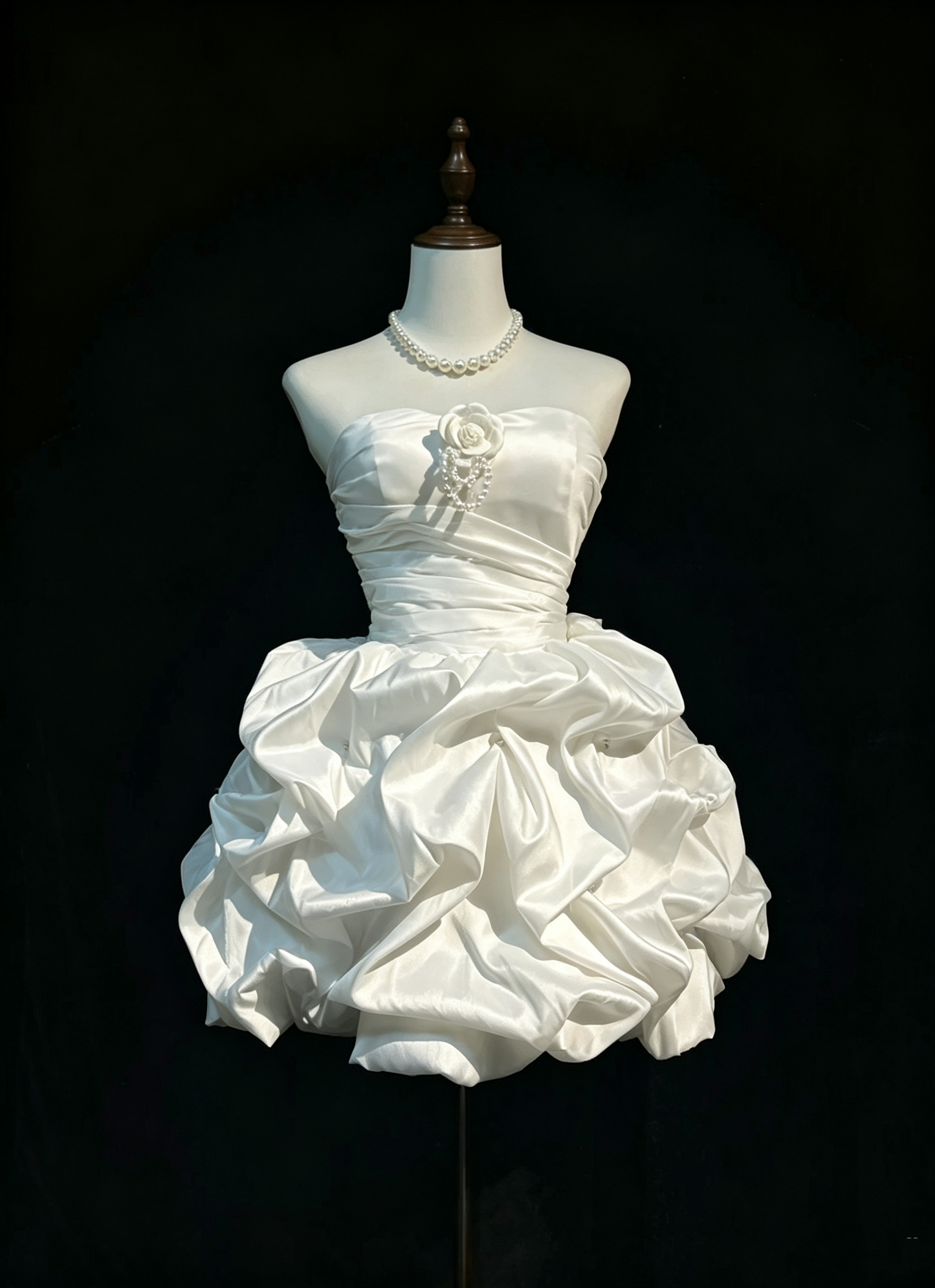 Pretty White Satin Pleated A Line Short Homecoming Dress,Strapless Short Party Gown D3366