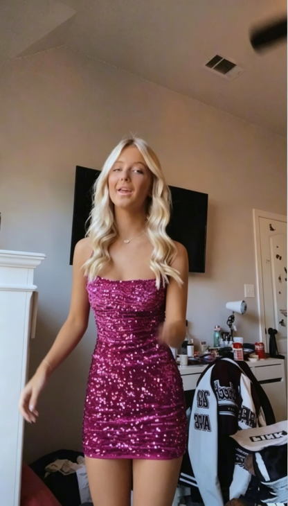 Sparkly Hot Pink Sequin Sheath Short Homecoming Dress Birthday Dress D4376