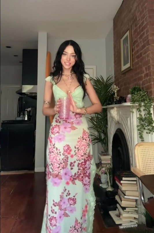Classy Light Green Satin Print Floral Lace Long Party Dress Backless Long Evening Dress D4398
