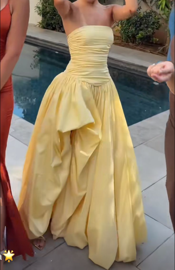 Elegant Yellow Satin Pleated Long Party Dress,Strapless Evening Gown D3449