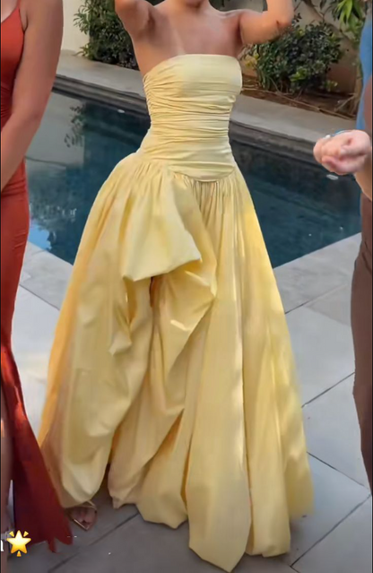 Elegant Yellow Satin Pleated Long Party Dress,Strapless Evening Gown D3449
