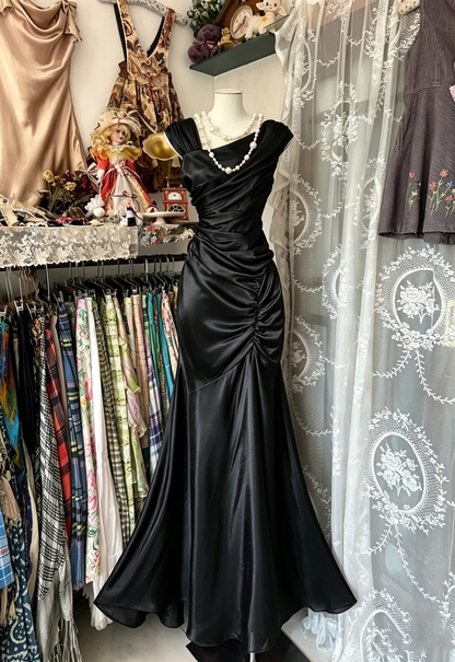 Vintage Fashion Mermaid Floor Length Hot Pink Satin Evening Dress Prom Dresses SD1879