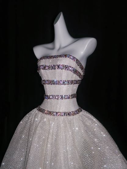 Glitter Strapless Tulle Sequin Beaded Long Wedding Dress D3077