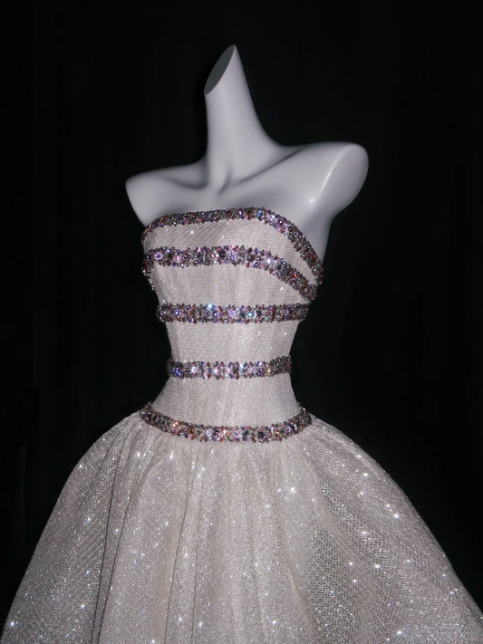 Glitter Strapless Tulle Sequin Beaded Long Wedding Dress D3077