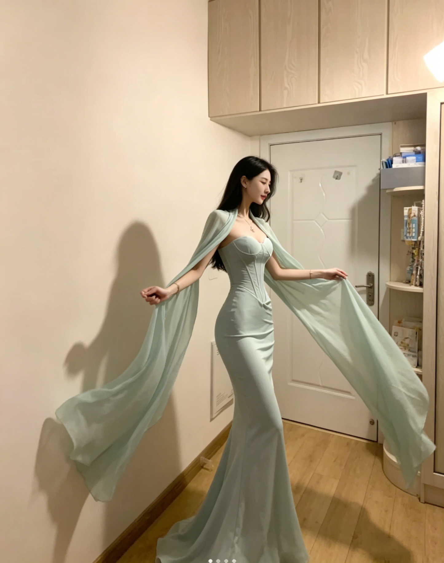 Classy Strapless Light Green Satin Mermaid Party Dress Long Evening Gown D839