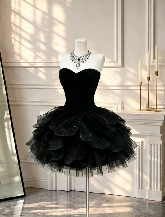 Classy Black Cocktail Dress Strapless Tulle A Line Short Birthday Outfits D2554