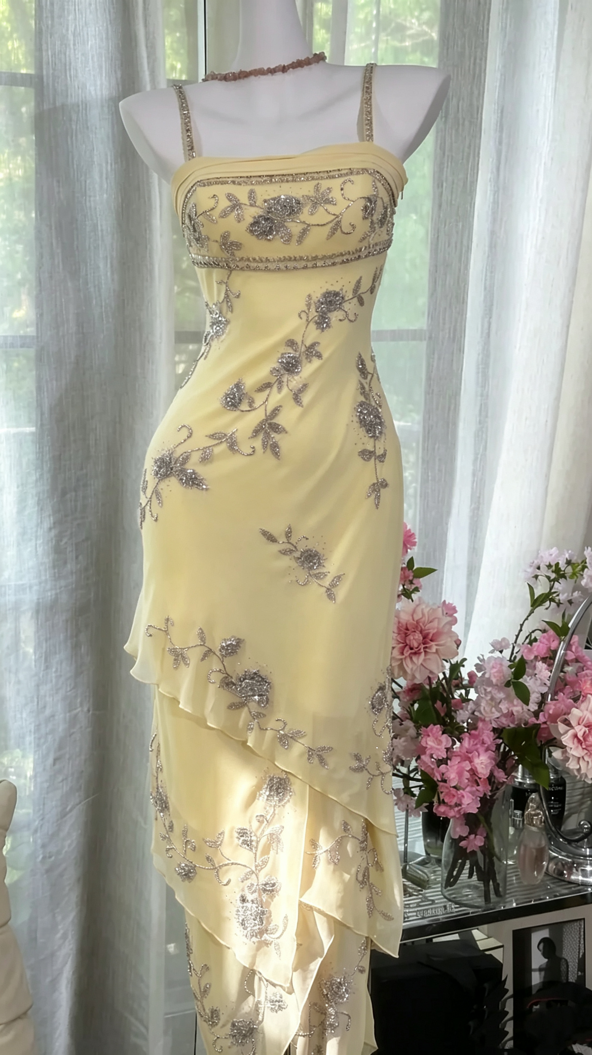 Sweet Spaghetti Straps Pink Chiffon Beaded Layered Mermaid Prom Dress Birthday Party Gown D1173