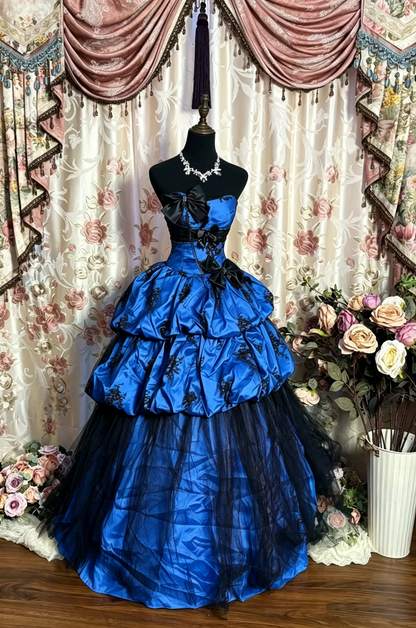 Vintage Strapless Pink Lace Satin Layered Ball Gown Long Party Dress With Bow  D1409