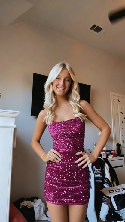 Sparkly Hot Pink Sequin Sheath Short Homecoming Dress Birthday Dress D4376