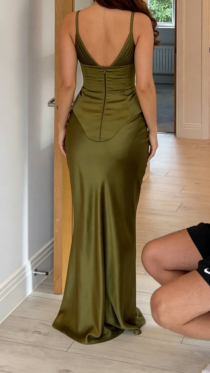 Classy Olive Green V Neck Satin Mermaid Party Dress Long Evening Gown D1354