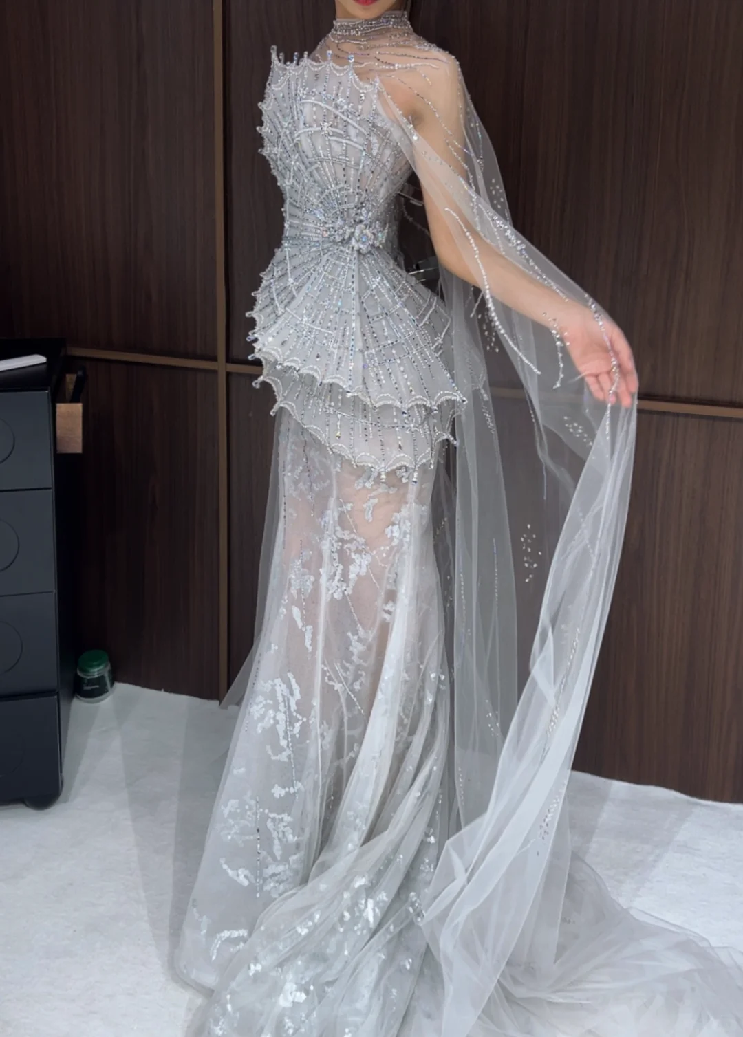 Shiny Silver Grey Appliques Beaded Mermaid Long Party Dress Prom Gown D5089