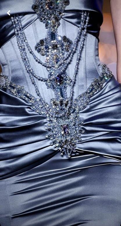 Elegant Sweetheart Neck Blue Satin Beaded Mermaid Long Evening Dress Birthday Prom Dresses D4808