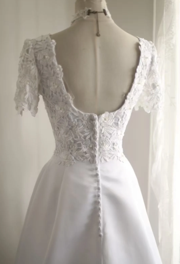 Classy Lace Appliques Satin A Line White Long Wedding Dress Bridal Dress D1269