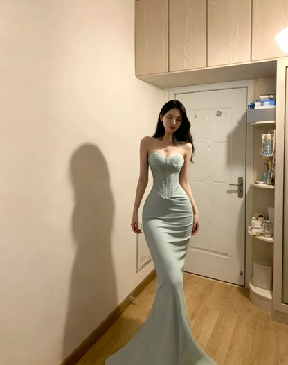 Classy Strapless Light Green Satin Mermaid Party Dress Long Evening Gown D839