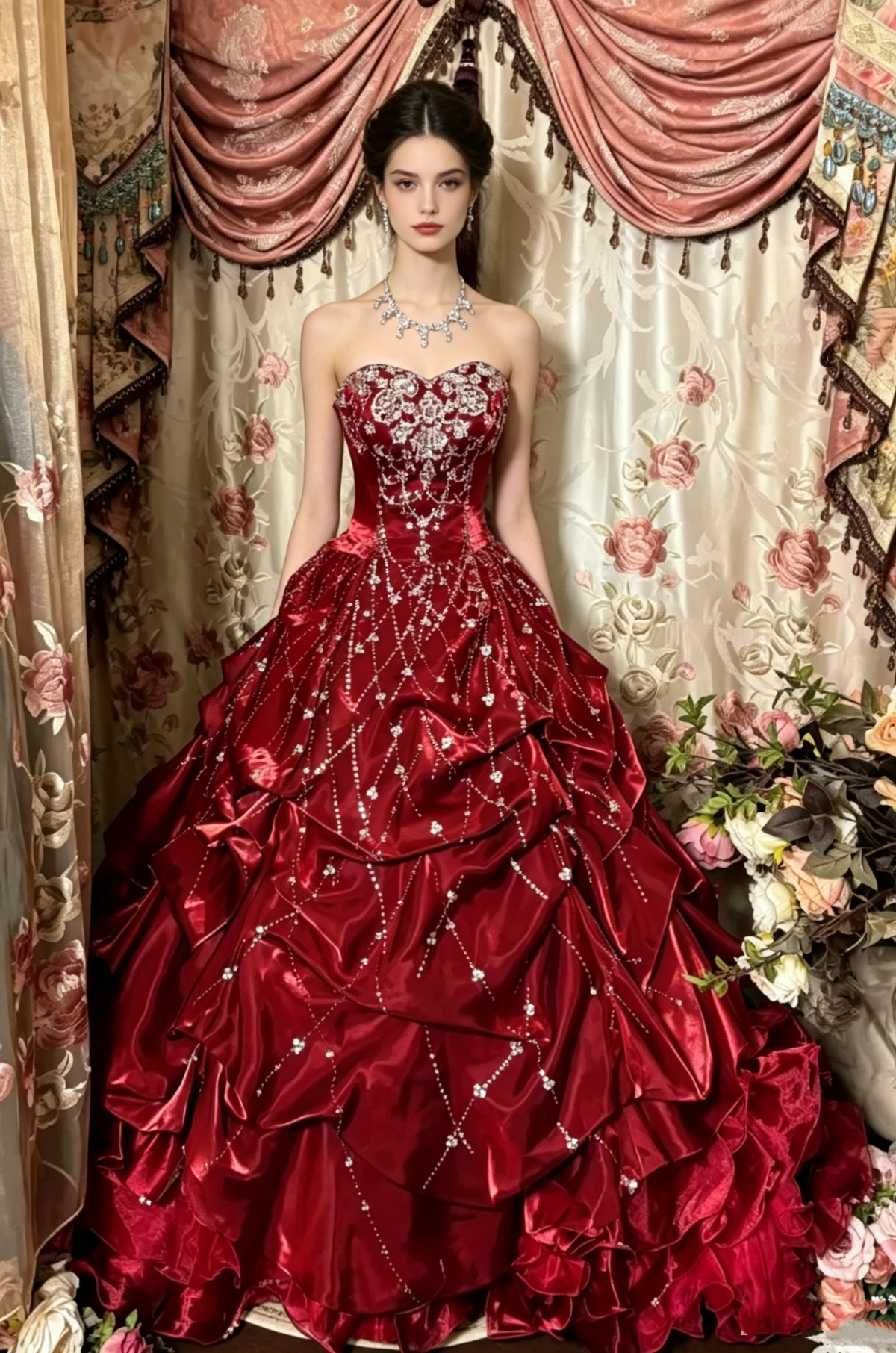Vintage Strapless Burgundy Satin Pleated Beaded Ball Gown Sweet 16 Dress D928