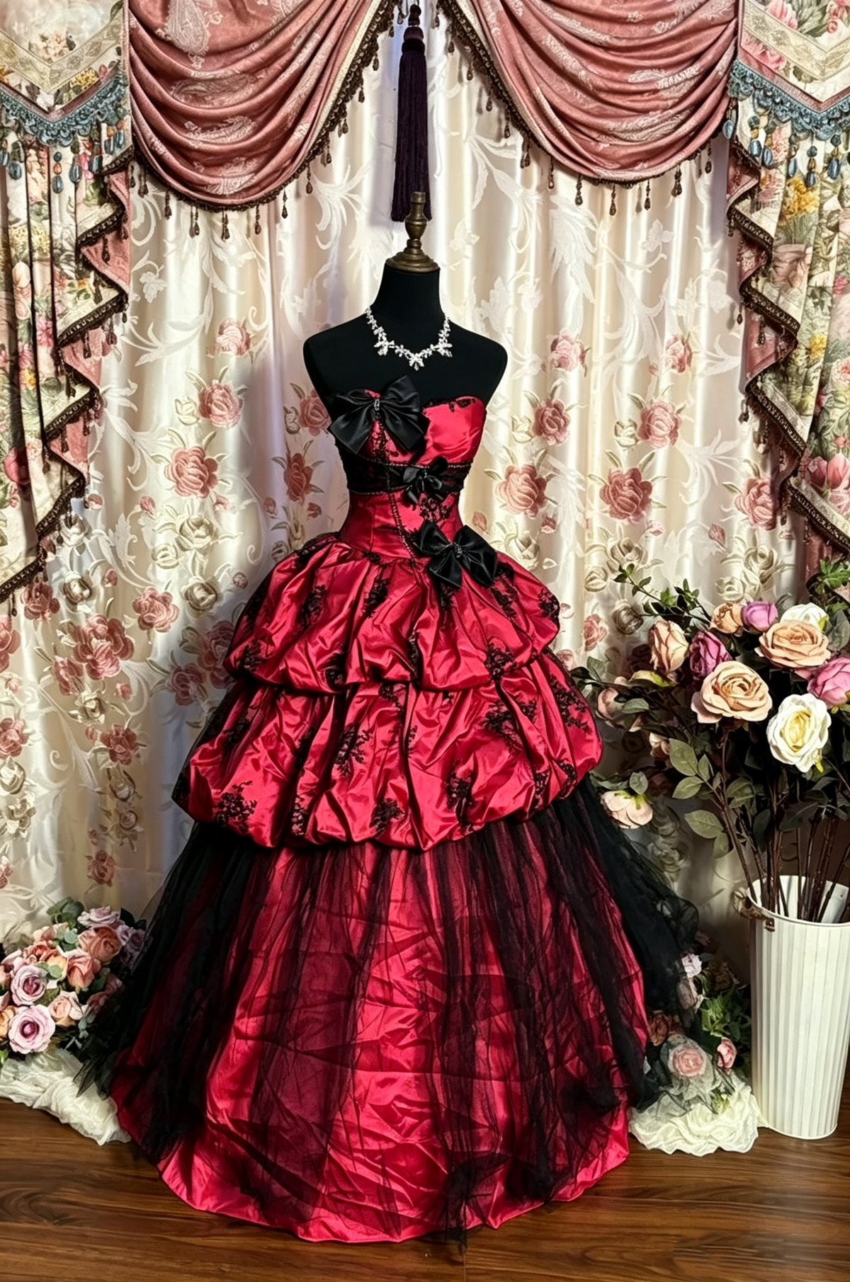 Vintage Strapless Pink Lace Satin Layered Ball Gown Long Party Dress With Bow  D1409