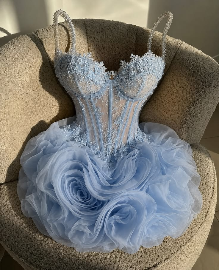 Glamorous Spaghetti Straps Blue Tulle Ruched Floral Short Homecoming Dress Birthday Outfits D4230