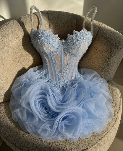 Glamorous Spaghetti Straps Blue Tulle Ruched Floral Short Homecoming Dress Birthday Outfits D4230