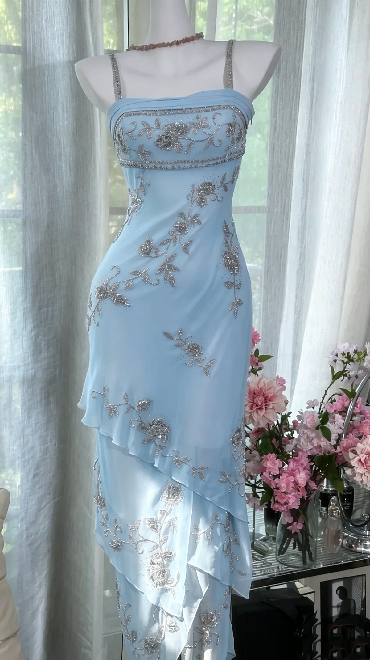 Sweet Spaghetti Straps Pink Chiffon Beaded Layered Mermaid Prom Dress Birthday Party Gown D1173