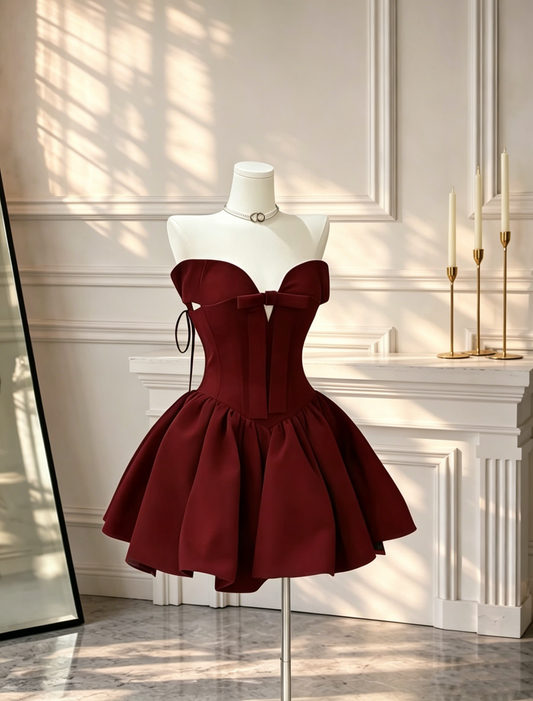 Stylish Red Satin A Line Short Cocktail Dress Strapless Birthday Dress D2560
