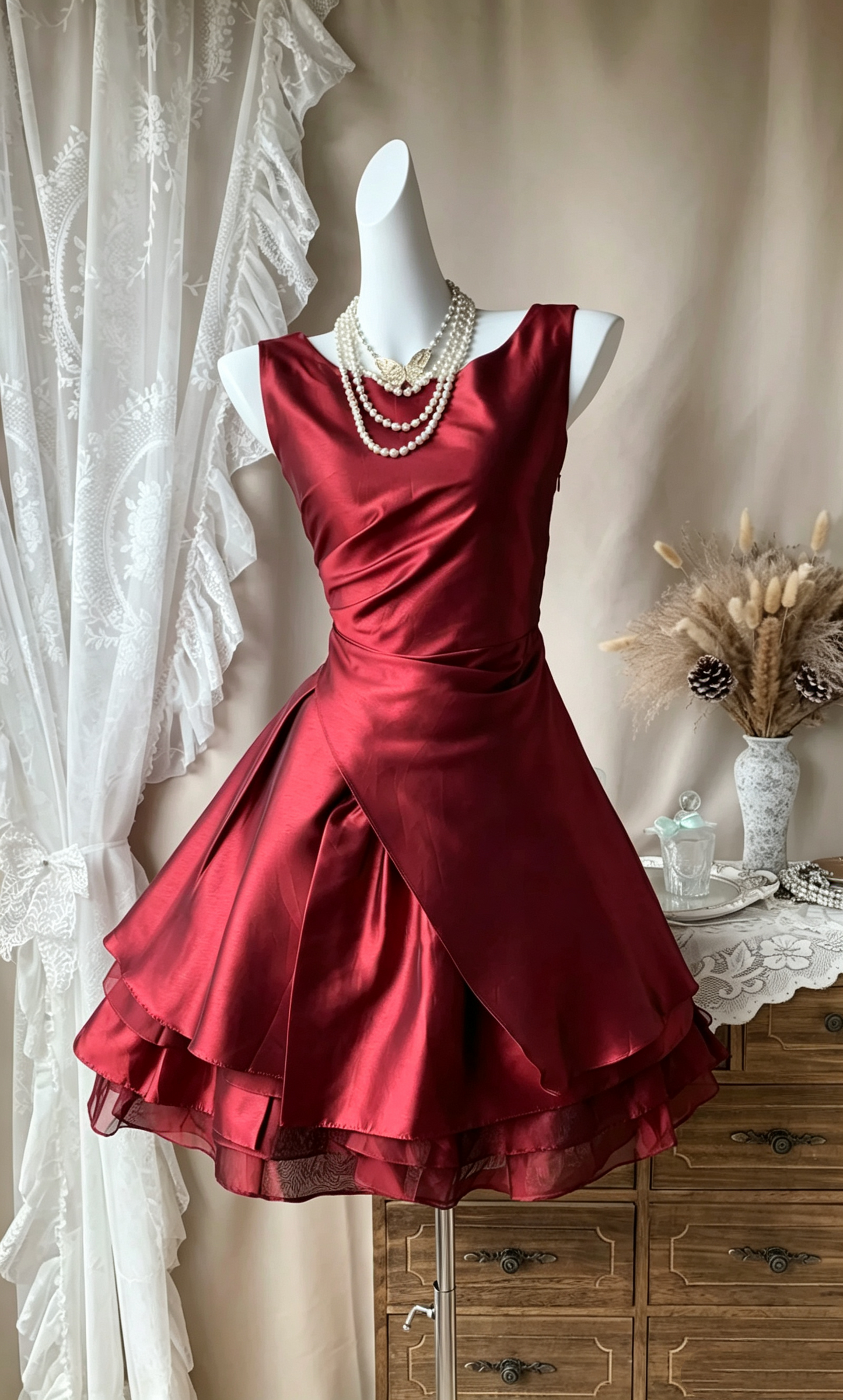 Vintage Red Satin Tulle A Line Short Homecoming Dress Cocktail Dress D4147