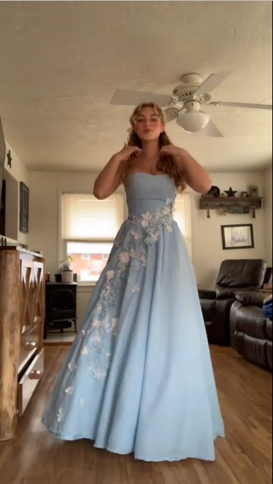 Pretty Strapless Blue Satin Appliques A Line Long Party Dress Birthday Prom Dress D4981
