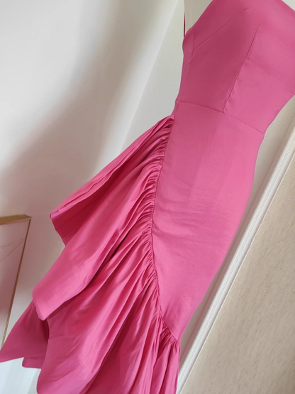 Sexy Sheath Spaghetti Straps Hot Pink Satin Dinner Party Dresses Birthday Outfits SD394