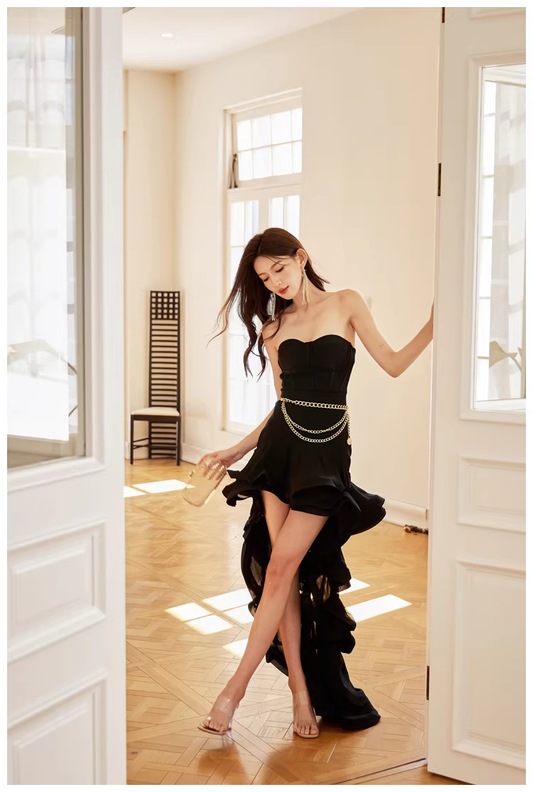 Sexy Strapless Black Ruffle Irregular Swallowtail Hem Birthday Dress Long Evening Gown D2415