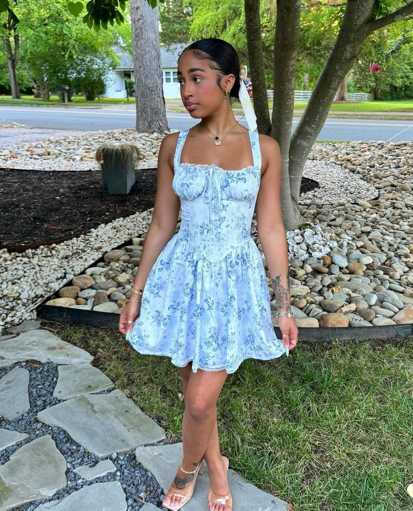 Elegant Spaghetti Straps Satin Print Floral A Line Short Homecoming Dress Mini Birthday Dress D3457