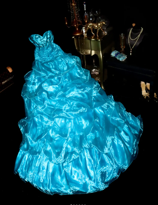Elegant Strapless Satin Organza Beaded Mermaid Evening Dress Blue Long Party Gown D1428