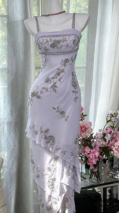 Sweet Spaghetti Straps Pink Chiffon Beaded Layered Mermaid Prom Dress Birthday Party Gown D1173