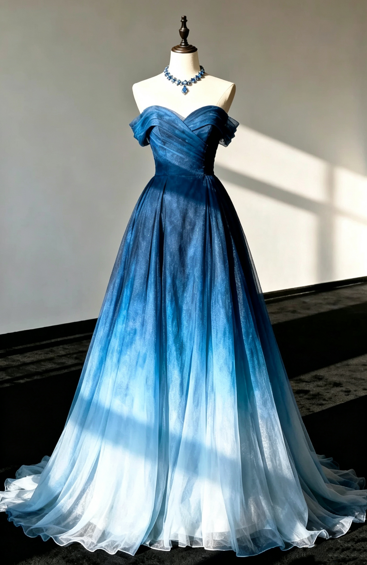 Pretty Strapless Off The Shoulder Ombre Blue Long Prom Dress Evening Gown D1392