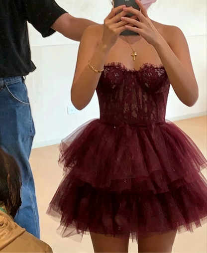 Simple A-Line Black Tulle Multi-Layered Homecoming Dress Strapless Short Cocktail Dress S384