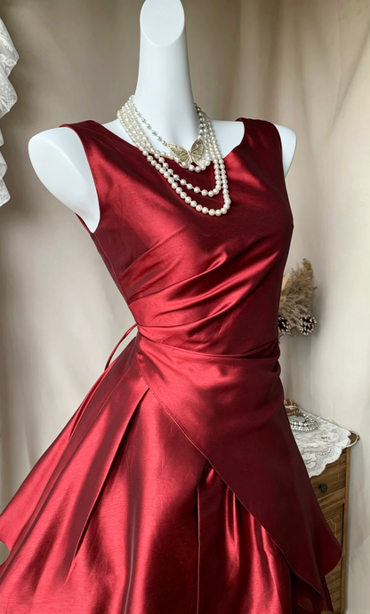 Vintage Red Satin Tulle A Line Short Homecoming Dress Cocktail Dress D4147
