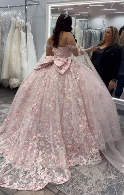 Pretty Pink Off The Shoulder Tulle Lace Appliques Quinceanera Dress Sweet 16 Dress With Bow D1047
