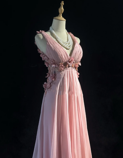 Classy V Neck Chiffon Beaded Appliques Long Evening Dress,Pink Mermaid Birthday Prom Gown Formal Wedding Guest Dress D2020