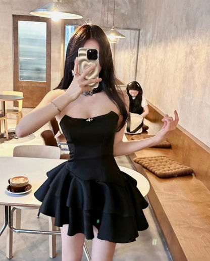 Cute A line Strapless Black Vacation Dresses Short Satin Birthday Dress SD234