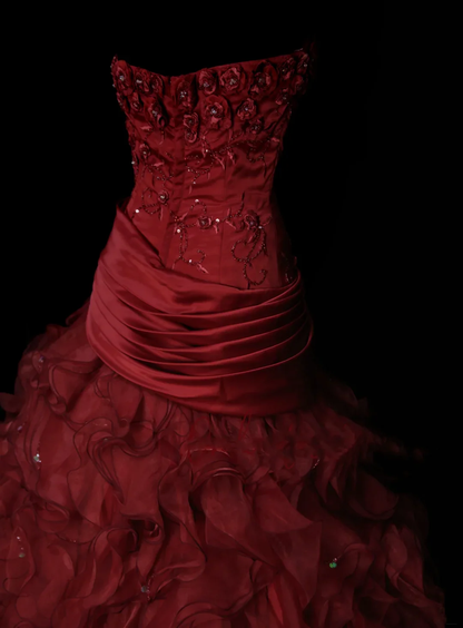 Ball Gown Strapless Burgundy Sleeveless With Applique Women's Dress Satin Long Quinceanera Dresses Sweet 16 Birthday Dresses D4262