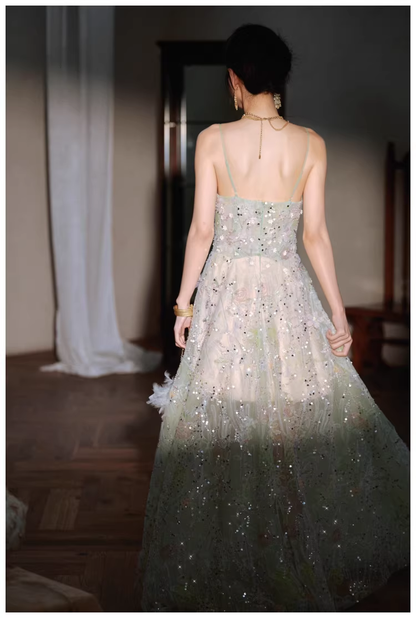 Pretty Spaghetti Straps Green Tulle Appliques A Line Long Birthday Prom Dress Evening Dress D2434