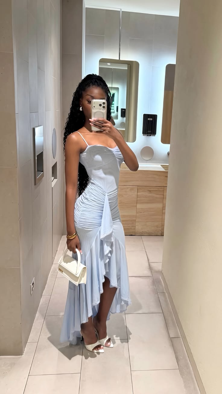 Sexy Light Blue Chiffon Pleated Ruffle Mermaid Evening Dress Spaghetti Straps Prom Dress D5022